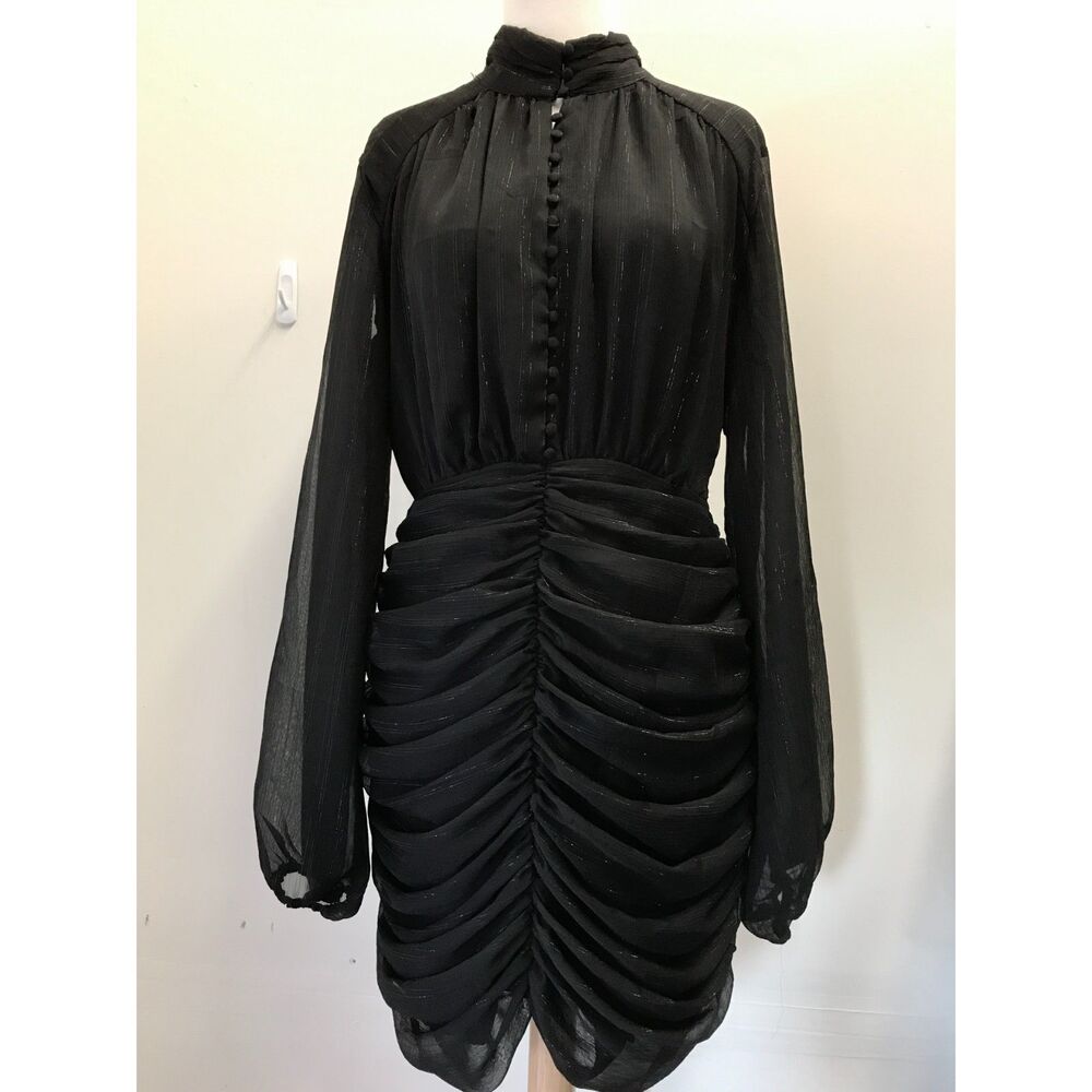 House of Harlow 1960 Black Mock Neck Lurex Pinstripe Dress